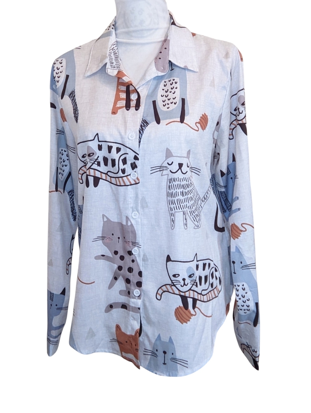 Cat Print Button-Down Shirt - White/Blue/Brown Medium